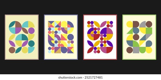 Bauhaus geometric pattern background, vector abstract circle, triangle and square lines art. Yellow, blue, red and green color, trendy Bauhaus pattern backgrounds set