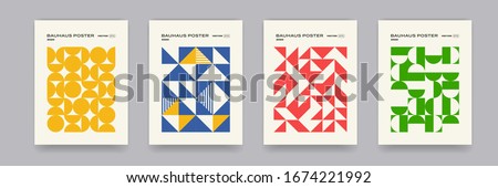 Bauhaus geometric pattern background, vector abstract circle, triangle and square lines art. Yellow, blue, red and green color, trendy Bauhaus pattern backgrounds set Foto d'archivio © 