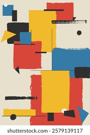 Bauhaus geometric pattern painted with a brush stroke, poster, background. Abstract circle, triangle and square lines art. Red, yellow, blue, and black color, vector Bauhaus pattern background.