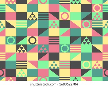 Patrón geométrico de Bauhaus sin fisuras diseño de estilo gráfico suizo. 
Fondo de color retro para productos promocionales, papel envolvente e impresión. Ilustración del vector