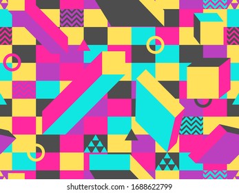 Bauhaus geometrisches Muster nahtlos schweizer Grafikstil Design. 
Retro bunter Hintergrund für Werbeprodukte, Verpackungspapier und Druck. Vektorillustration
