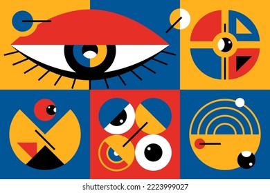 Afiches geométricos de Bauhaus. Geometría abstracta con diferentes formas, líneas y ojos. 