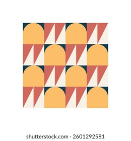 Bauhaus geometric seamless pattern with arches and triangles in retro color palette. Abstract seamless pattern in Bauhaus style with arches and triangles. Geometric retro design in warm colors. Ideal