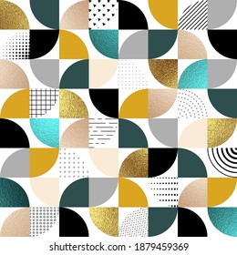 Bauhaus geometric seamless pattern. Fashion design for prints. Abstract geometry background. Modern mural. Scandinavian modernism. Swiss style. Circle digital shape. Swatch graphic element. Vector