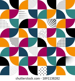 Bauhaus geometric seamless pattern. Fashion design for prints. Abstract geometry background. Modern mural. Scandinavian modernism. Swiss style. Circle digital shape. Swatch graphic element. Vector