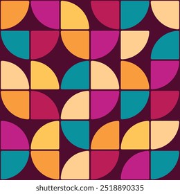 Bauhaus geometric seamless vector pattern, vector abstract rounded triangles. Yellow, teal, red