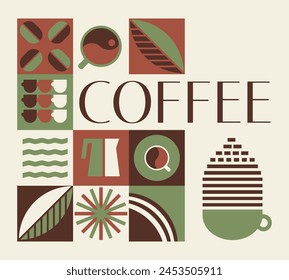 Bauhaus Geometric Shapes Illustration for cafe and restaurant menus. Package with coffee branch, design for shop, card, print