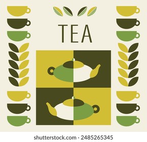 Bauhaus Geometric Shapes Illustration for cafe and restaurant menus. Package with tea branch, design for shop, card, print