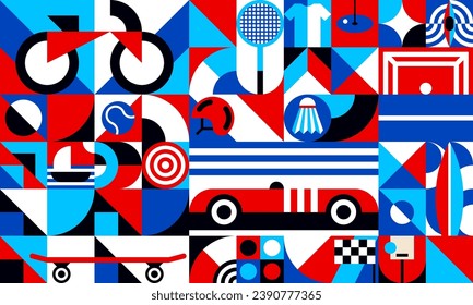 Bauhaus geometric summer sport pattern. Summer sport activities retro design background or geometric patterns vector collage with bicycle, tennis ball, skateboard and basketball hood, kayak, surfboard