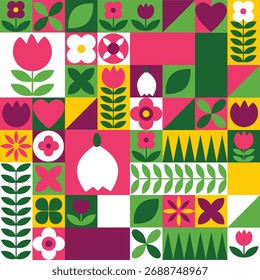 Bauhaus Geometrical Spring Pattern with Colorful Flowers and Modern Shapes