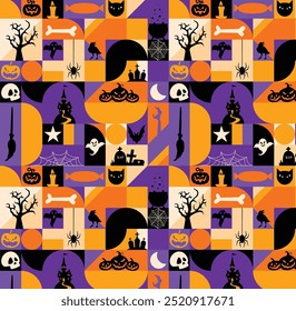 Bauhaus halloween, background, geometrical, abstract, retro, vintage, pumpkin, tree, skull, castle, spider, ghost, graveyard, bat, bone, zombie, spooky, scary, fun, cute, flat style, pattern. 