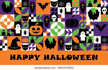 Bauhaus Halloween geometric pattern of abstract modern shapes with horror holiday characters. Vector background