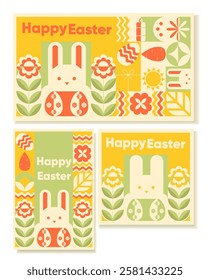 Bauhaus Happy Easter vector illustration set. Modern Geometric background, yellow, green pastel color. Easter Cute Bunny and Egg Banner design in trendy style for a poster, postcard