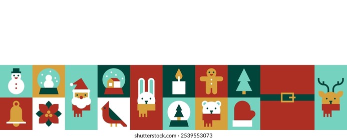 Bauhaus Holiday Icon Strip with Festive Elements Vector Illustration