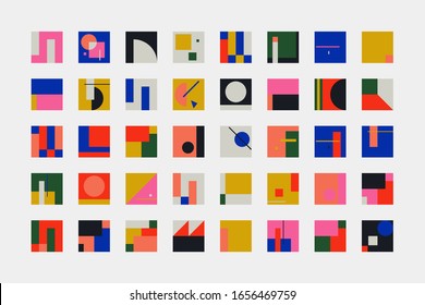 Bauhaus inspired abstract vector shapes collection of made with bold geometric forms, simple elements, lines and shapes, useful for web design, poster art, decorative print, banner cover, background.