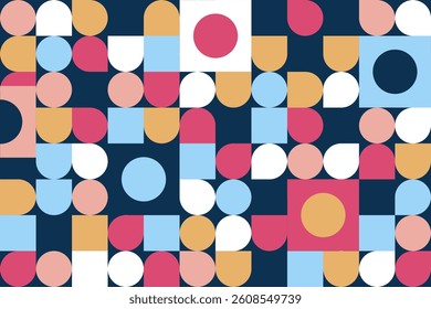 Bauhaus inspired, colorful abstract pattern of geometric shapes. Suitable for backgrounds, textiles, and modern design projects. Perfect for vibrant concepts