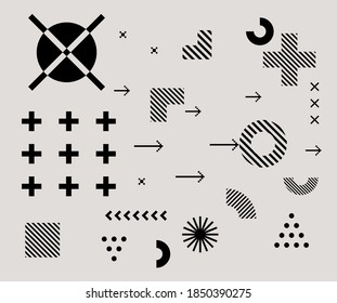 Bauhaus inspired graphic design collection with abstract vector elements, lines and bold geometric shapes, useful for poster art, front page design, wall decorative prints.
