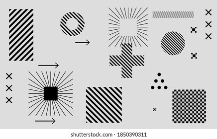 Bauhaus inspired graphic design collection with abstract vector elements, lines and bold geometric shapes, useful for poster art, front page design, wall decorative prints.
