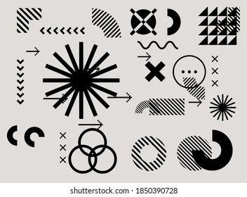 Bauhaus inspired graphic design collection with vector abstract elements, lines and bold geometric shapes, useful for poster art, front page design, wall decorative prints.
