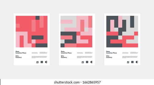 Bauhaus inspired graphic design of vector poster mockup collection created with vector abstract elements, lines and bold geometric shapes, useful for poster art, front page design, decorative prints.