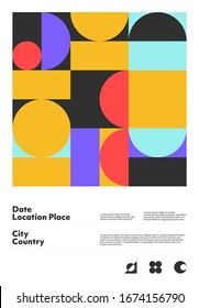 Bauhaus inspired graphic design of vector poster mockup created with vector abstract elements, lines and bold geometric shapes, useful for poster art, front page design, decorative prints.