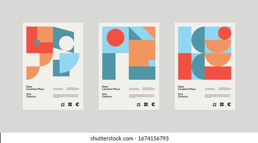 Bauhaus inspired graphic design of vector poster mockup collection created with vector abstract elements, lines and bold geometric shapes, useful for poster art, front page design, decorative prints.