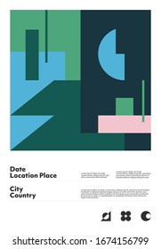 Bauhaus inspired graphic design of vector poster mockup created with vector abstract elements, lines and bold geometric shapes, useful for poster art, front page design, decorative prints.