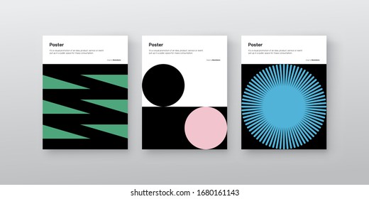 Bauhaus inspired graphic design of vector poster mockup collection created with vector abstract elements, lines and bold geometric shapes, useful for poster art, front page design, decorative prints.