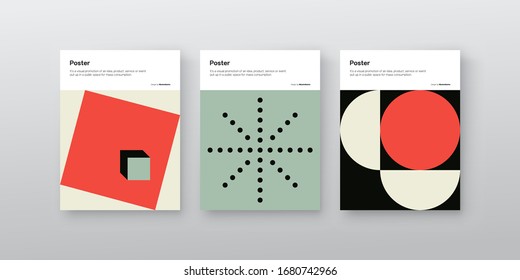 Bauhaus inspired graphic design of vector poster mockup collection created with vector abstract elements, lines and bold geometric shapes, useful for poster art, front page design, decorative prints.