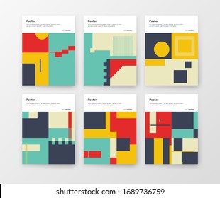 Diseño gráfico inspirado en Bauhaus de la colección de maquetas vectoriales creadas con elementos abstractos vectoriales, líneas y formas geométricas audaces, útiles para el arte de los afiches, diseño de portadas, impresiones decorativas.