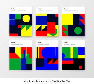 Bauhaus inspired graphic design of vector poster mockup collection created with vector abstract elements, lines and bold geometric shapes, useful for poster art, front page design, decorative prints.