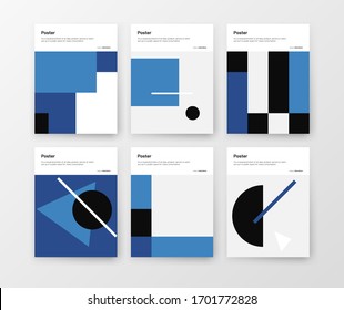 Bauhaus inspired graphic design of vector poster mockup collection created with vector abstract elements, lines and bold geometric shapes, useful for poster art, front page design, decorative prints.