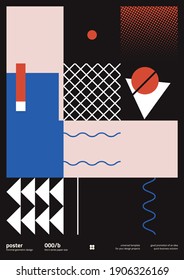 Bauhaus inspired graphic design of vector poster mockup created with vector abstract elements, lines and bold geometric shapes, useful for poster art, front page design, decorative prints.