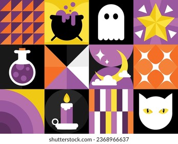 Bauhaus inspired Haloween themed geometric art with spooky icons.