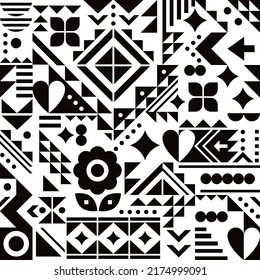 Bauhaus inspired vector seamless pattern with hearts, flowers and geometric shapes in black and white,  modern abstract design. Cool monochrome ornament perfect for wallpaper or textile, fabric print
