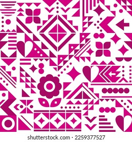 Bauhaus inspired vector seamless pattern with hearts, flowers and geometric shapes in pink on white,  modern abstract design. Cool monochrome ornament perfect for wallpaper or textile, fabric print

 