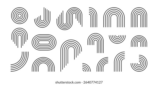 Bauhaus line logo set. Boho zen arch. Minimal boho arch. Simple line rainbows. Abstract shape, outline arc. Modern decorative element rainbow arc collection. Contemporary bohemian illustrations. 