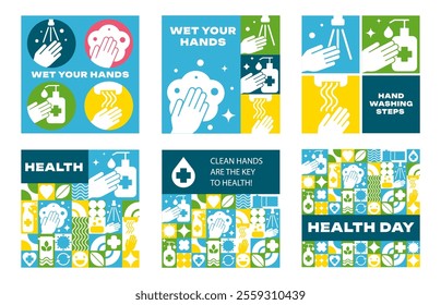 Bauhaus Medical Square Banners with Seamless Patterns. Clean Hands and Health Symbols, icons