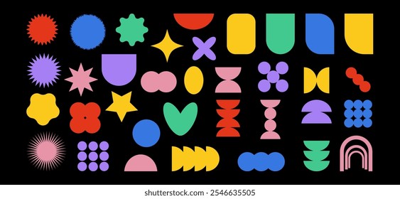 Bauhaus Memphis design. Brutalist abstract colorful geometric shapes and grids. Brutal contemporary figure star oval heart flower and other primitive elements. Vector on white background