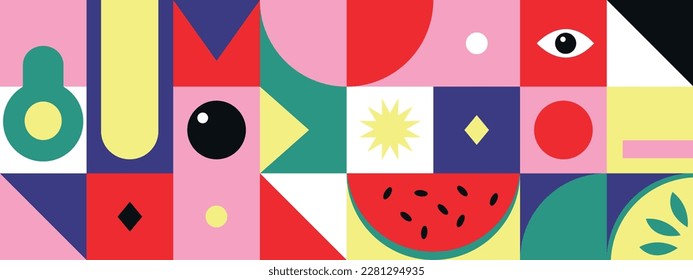 Bauhaus modern artwork of abstract symbols with bold geometric shapes, useful for web background, poster art design, magazine page, hi-tech print, pattern. Bauhaus Vintage retro wallpaper