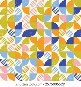 Bauhaus Modern Geometric with Halftone and Grunge Textures, Semicircles seamless pattern, geometric print . Modern trendy geometric pattern.