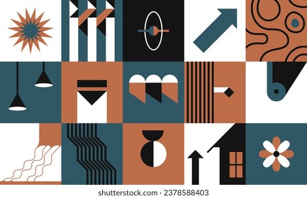 Iconos modernistas y abstractos de Bauhaus, cuadrados artísticos con dibujos sencillos. Collage de bloques con flor de casa y flor floreciente, flecha y líneas rectas o decoración de olas. Vector de estilo plano