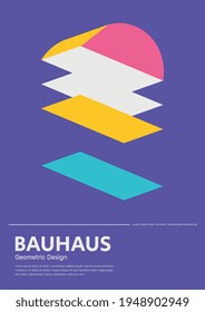 Bauhaus and Mondrian design background with colorful shapes and pattern. Abstract vector template in 20s retro vibe and modern style with text. For print, poster and cover.