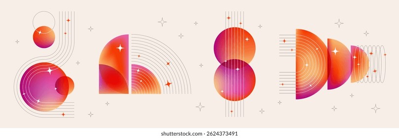 Bauhaus music poster design - geometric gradient shapes, arcs and line form for abstract record covers. Stylized retro illustration for vinyl albums with concentric patterns and shimmering stars.