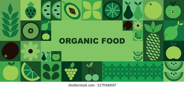 Bauhaus organic food banner. Abstract geometric fruits, bright colorful green pattern, simple forms. Natural organic background, horizontal poster, eco agriculture design vector illustration