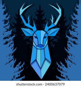 Bauhaus Origami Reindeer isolated dark backdrop in cut out paper style. Winter greeting card design. Abstract Deer. Vector illustration can used t-shirt print, card, poster, banner. Nature season art