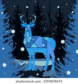 Bauhaus Origami Reindeer in night forest in cut out paper style.  Winter greeting card design. Abstract Deer. Vector illustration can used t-shirt print, card, poster, banner. Nature season art. 