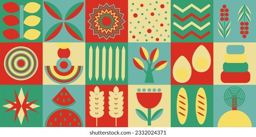 Resumen de hojas de plantas florales geométricas naturales, figuras, alimentos de forma simple. Banner de estilo minimalista escandinavo. Vector EPS10