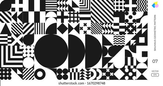 Bauhaus pattern abstract geometric shapes vector background. Black and white circle, triangle and square lines, Memphis or Bauhaus Swiss pattern on monochrome background