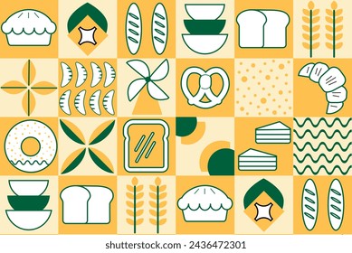 Bauhaus pattern abstract geometric.Baking and dessert in trendy geometric style - seamless pattern with icons related to bakery, cafe, cupcakes and logo design templates